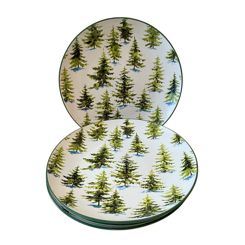 Global Design Christmas 10.5in Dinner Plates Set of 4 Holiday Pine Trees in Snow
